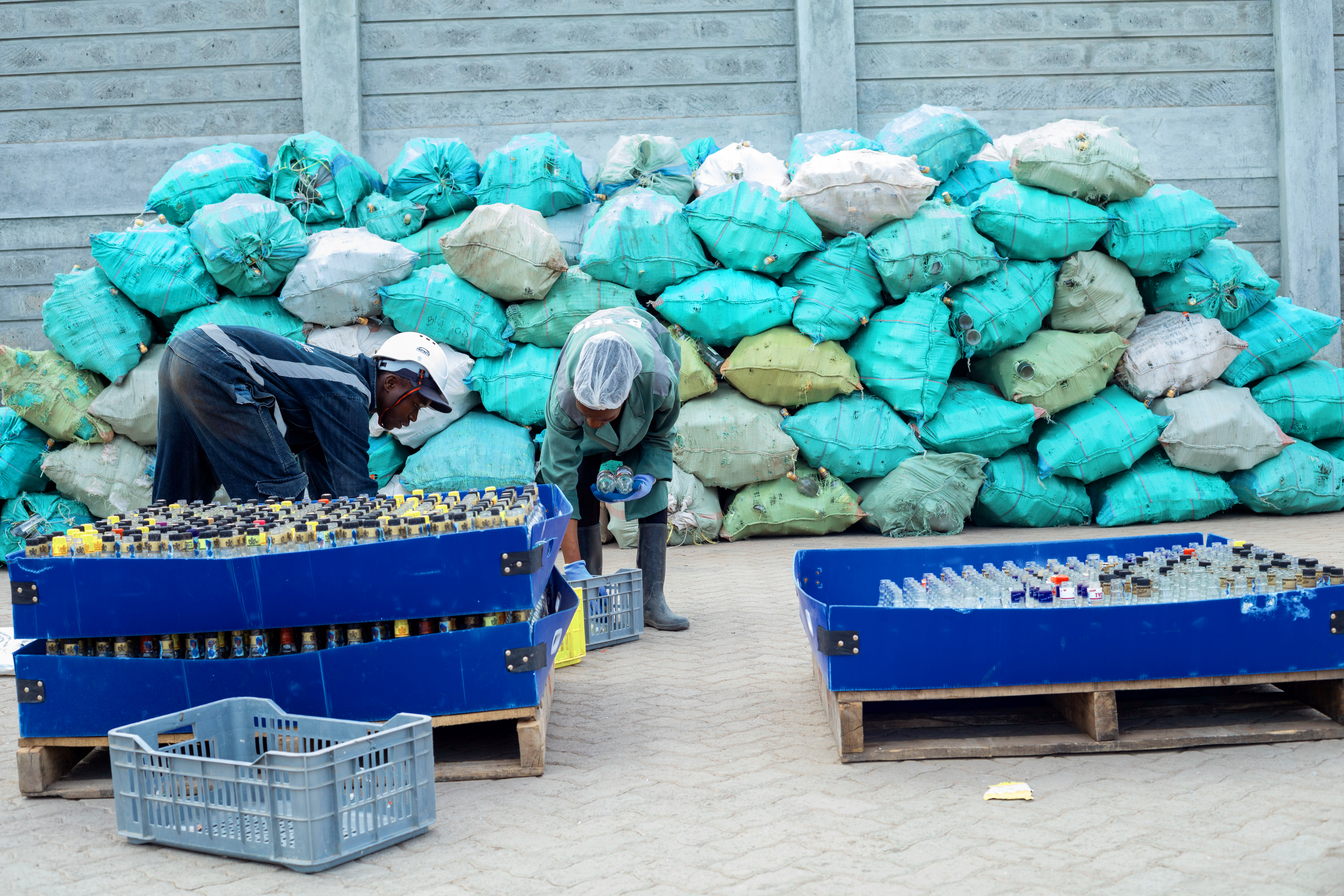 Color-sorted blue glass bottles